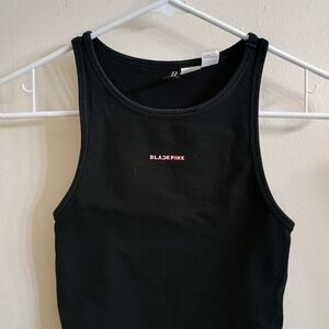 Divided Black Ribbed Tank with Pink Chest Logo